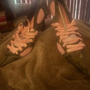 Pointed Lace-Up Heels in Olive Camo with Pink Accents